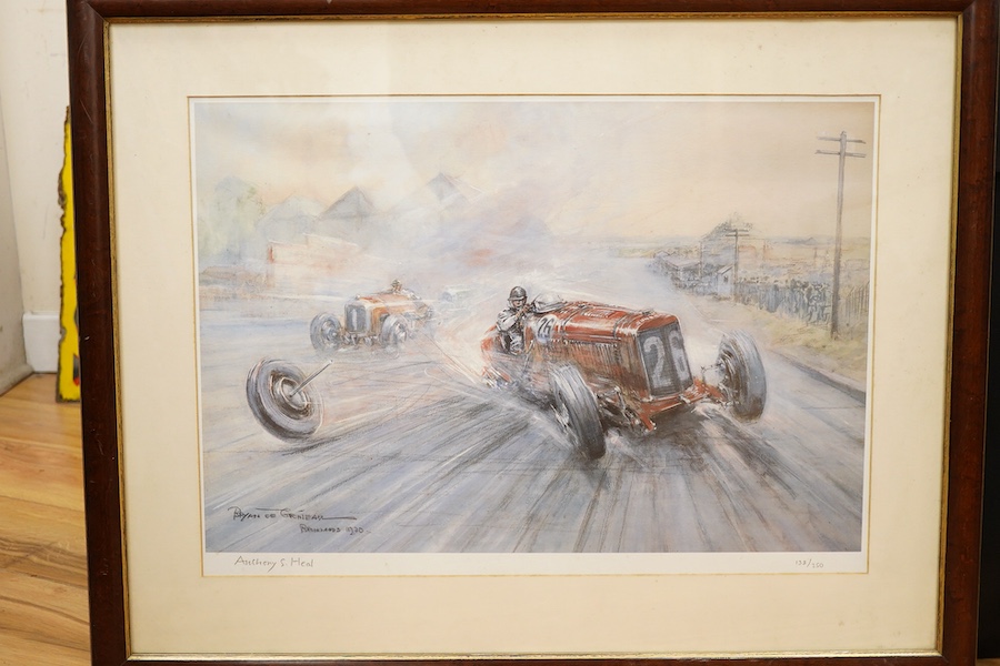 Two framed and signed motor racing lithographs by Anthony Heal and Walter Hassan of Le Mans and Brookslands racing scenes, the largest frame 61.5 x 76cm, together with a folio containing a large number of unframed simila